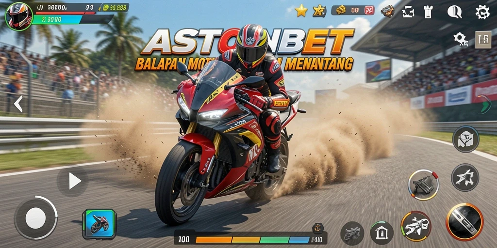 Tangkapan layar gameplay <strong>ASTONBET</strong> menampilkan aksi balapan motor yang mendebarkan dan menonjol.