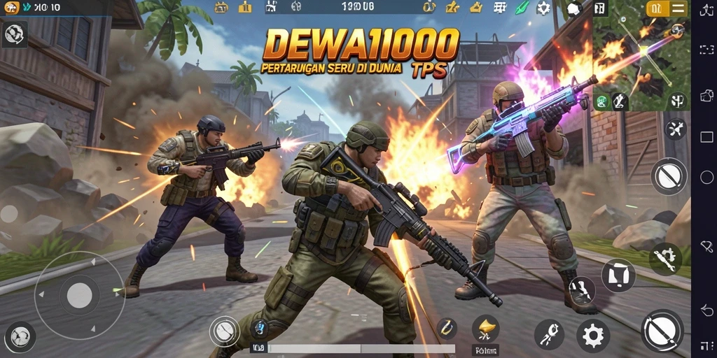Gameplay DEWA1000 menampilkan aksi tembak-menembak yang seru dan mendebarkan.