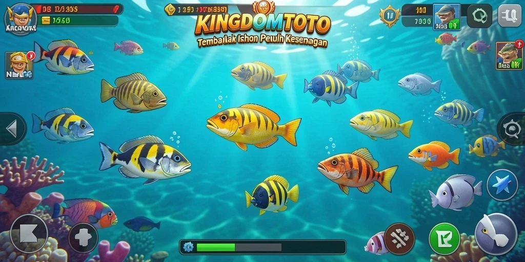 Screenshot gameplay KINGDOMTOTO dengan aksi menembak ikan.