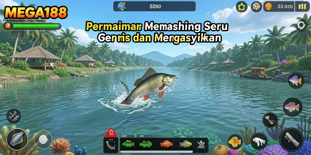 Tampilan gameplay menarik dari MEGA188 saat memancing di lautan.