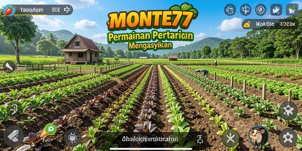 Screenshot utama MONTE77 menampilkan kebun yang indah dengan tanaman subur.