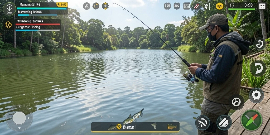 Screenshot gameplay S80 menampilkan momen menangkap ikan yang seru.